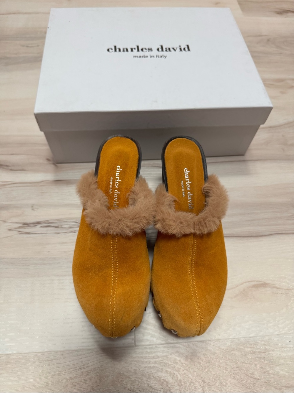 Charles David Mustard Suede Mules with Faux Fur Trim